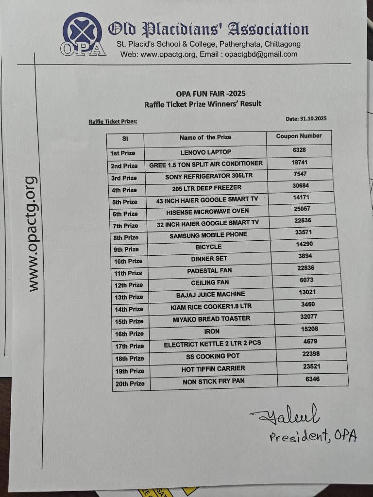 OPA Fun Fair Raffle Ticket Prize Winners Result 2025